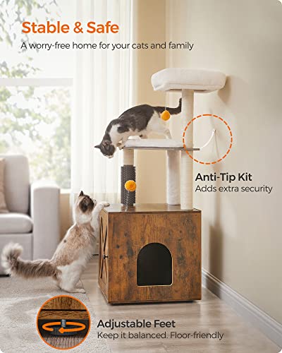 Feandrea Cat Tree with Litter Box Enclosure, 2-in-1 Modern Cat Tower, 52.8-Inch Cat Condo with Self Groomer, Scratching Posts, Washable Cushions, Greige UPCT115G01