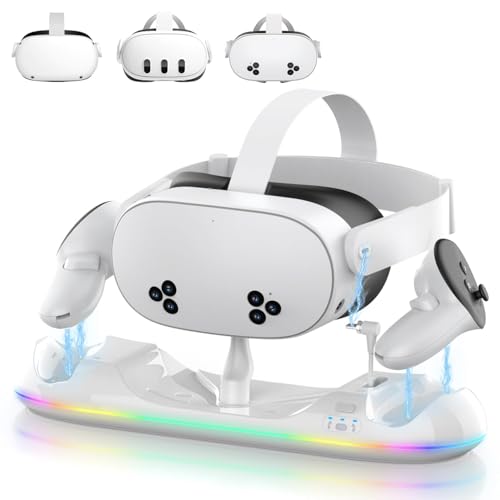 Charging Dock for Meta Quest 3S/3/2, 20W Magnetic Charging Station for Oculus Quest 3S/3/2 Accessories with Rechargeable 2X2100mAh Batteries, RGB Charging Stand for VR Headset & Controllers
