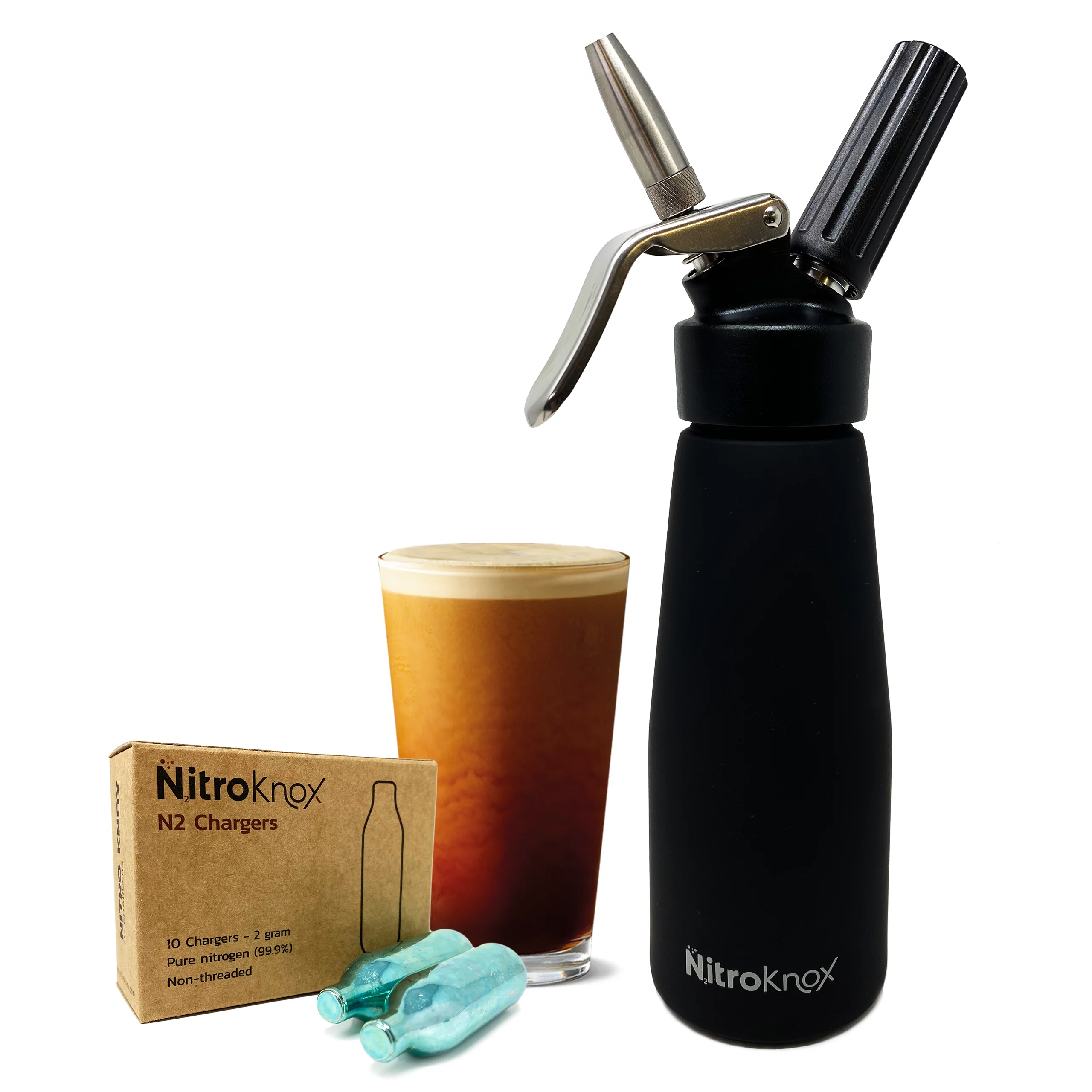 Nitro Cold Brew Coffee Kit by Nitroknox – Custom 1pt Aluminum Metal Head Dispenser, Pure Nitrogen (N2) Gas Chargers Cartridges – NCB Maker with x10 Chargers for Nitro Coffee From Home