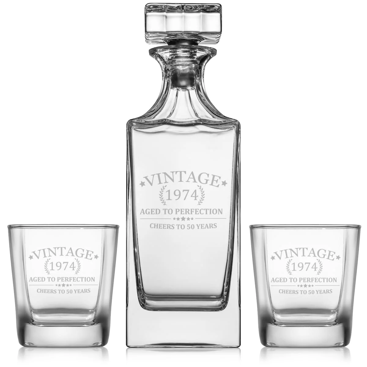 Whiskey Decanter Gift Set With 2 Whiskey Old Fashioned Rocks Glasses Cheers To 50 Years Vintage 1974 50th Birthday