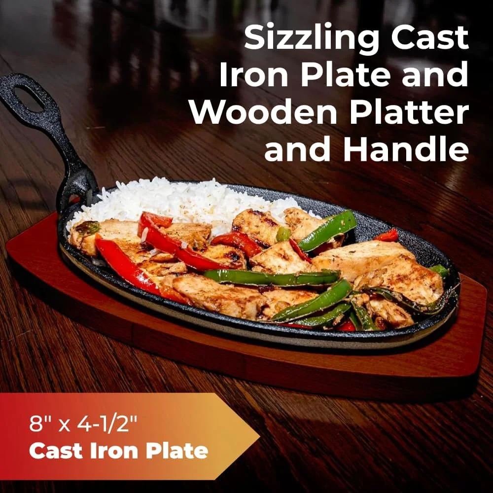 Cast Iron Steak Or Fajita Plate 8 X 4 1/2 Inside Dimension W/Wooden Holder And Handle