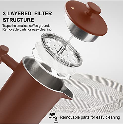 Secura French Press Coffee Maker, 304 Grade Stainless Steel Insulated Coffee Press with 2 Extra Screens, 34oz (1 Litre), Silver