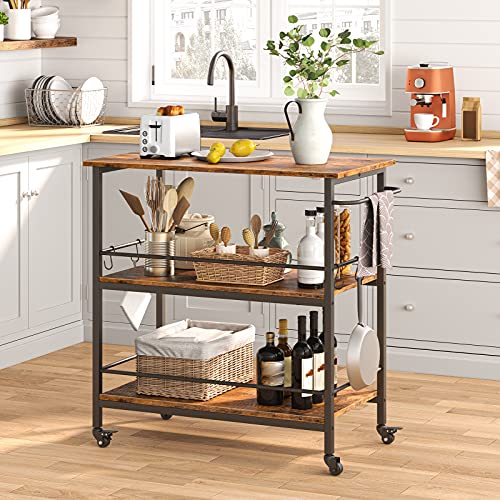 HOOBRO Kitchen Island with Storage,Industrial Kitchen Counter with Hooks and Side Enclosures, 3 Tier Kitchen Cart with Large Workstation, Saving Space, Easy Assembly, Rustic Brown and Black BF03ZD01