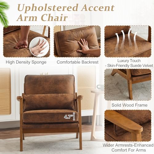 VINGLI Solid Wood Wide Armrests Accent Chair,Upholstered Mid Century Modern Chair with Pillow,Comfy Reading Chair Farmhouse Arm Chair,Chairs Living Room,Bedroom,Guest Room,Linen Fabric,Beige