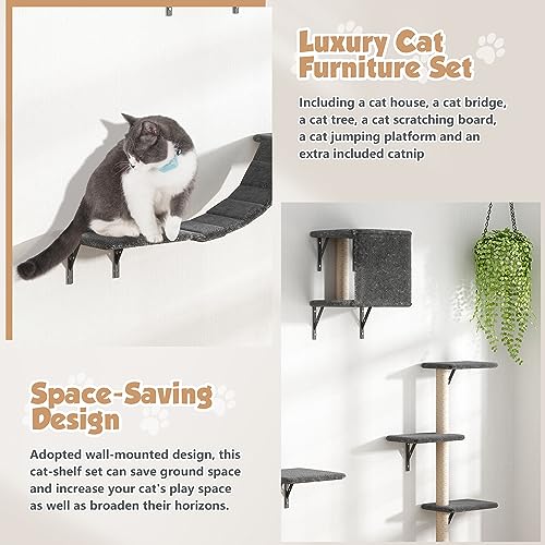 Wall Mounted Cat Furniture Set - 5 Piece Cat Shelves with Tree, Perch, Scratcher, Bridge & Condo - Gray