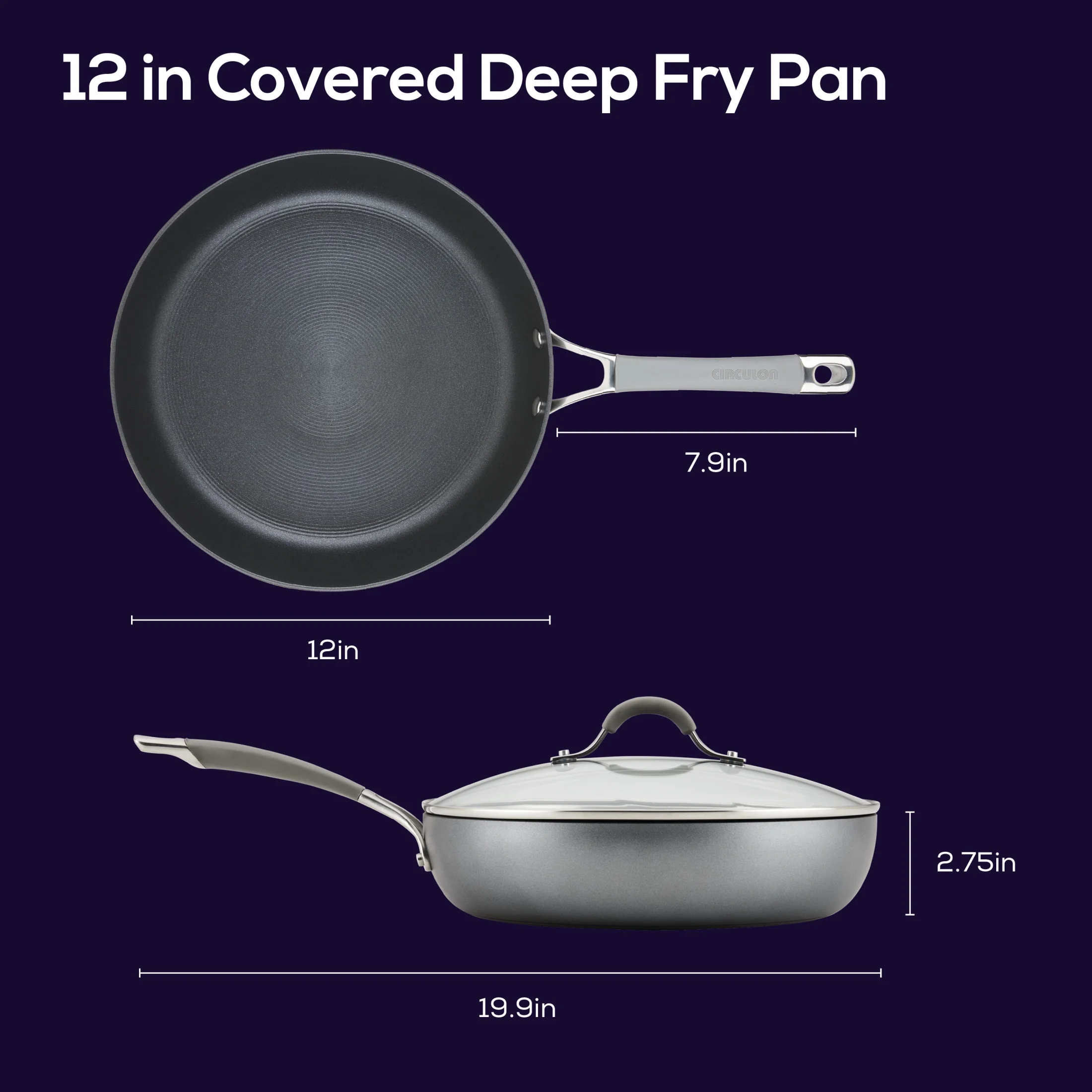 Circulon Elementum 12inch Hard-Anodized Nonstick Deep Frying Pan with Lid, Gray