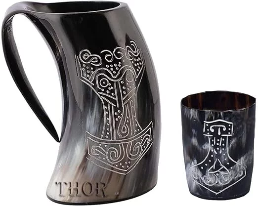Medieval Handmade Authentic Viking Thor Drinking Horn Mug- For Hand Engraved Shot Drink Cup - Food Safe Beer Horns Rustic Vintage Home Decor Gifts