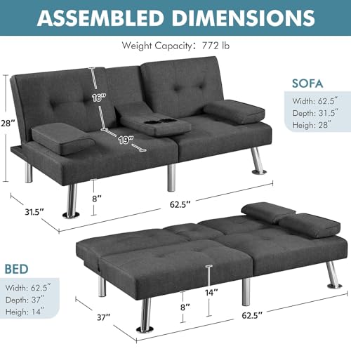 Yaheetech Convertible Sofa Bed Adjustable Fabric Couch Sleeper Modern Recliner Reversible Loveseat Folding Daybed Guest Bed, Removable Armrests, Cup Holders, 3 Angles, 772lb Capacity, Dark Gray