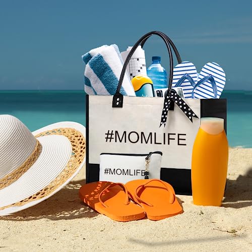 BeeGreen Mother's Day Gifts Personalized Women's Large White and Black Canvas Tote Bag, Embroidered Initials, Leather Handle, Zipper Closure