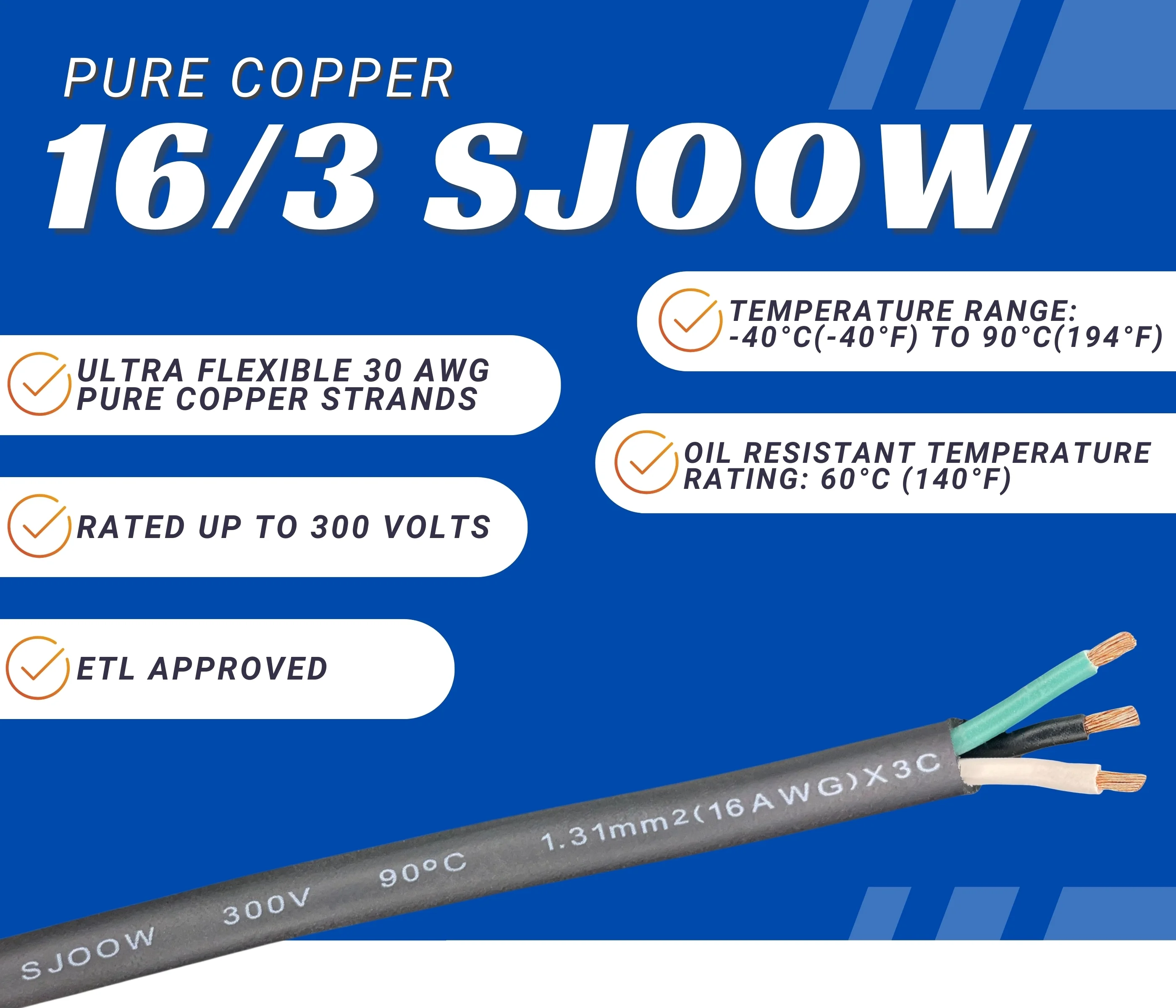 WindyNation 200 Feet 16/3 16 Gauge 3 Conductor Black SJOOW Cable