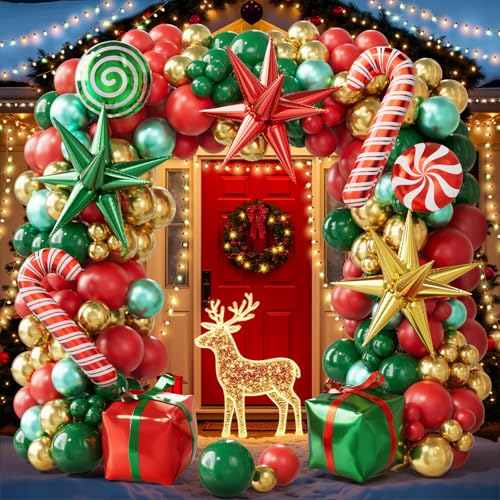 CboDeco Christmas Balloon Arch Kit, 179PCS Red Green Gold Balloon Garland with Candy Cane, Gift Box, Exploding Star Foil Balloons for Christmas Party Decorations, Holiday Backdrop