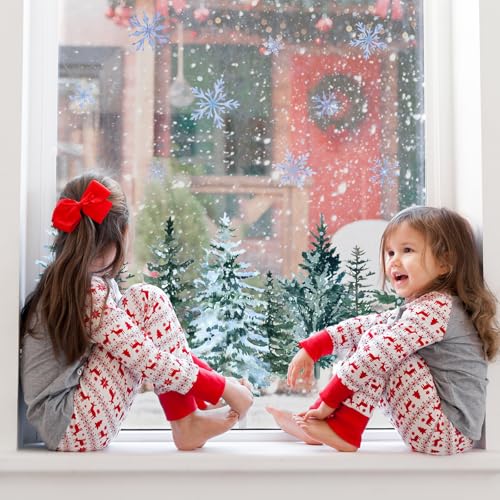 Whaline 9 Sheet Christmas Window Clings Snowy Xmas Forest Trees Double-Sided Reusable Winter Window Decals for Holiday Christmas Party Home Windows Glass Decor