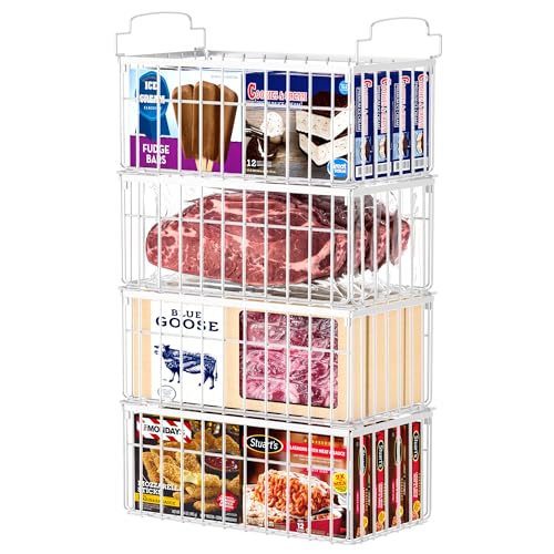 Freezer Organizer Bins, 4 Pack Stackable Deep Chest Freezer Organizer Bins, Foldable Baskets with Handles, Black Storage Container Baskets for 5/ 7 Cu.FT Deep Freezer Sort Frozen Meats
