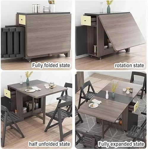 Folding Dining Table, Space Saving Dinner Table with Storage Space and 4 Wheels, Table and Chair Combination Set for Kitchen Small Spaces Apartment,Brown,with 4 Chairs, Wood
