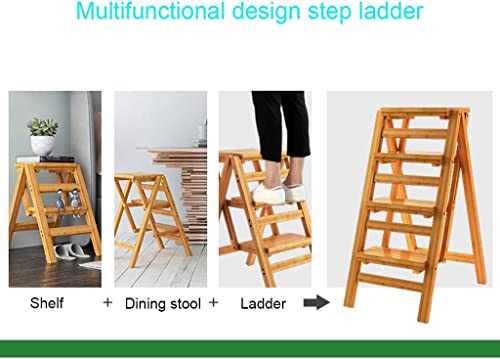 Wooden Step Stool,Wooden Folding Step Stool 3 Step Ladder Chair Foldable Stair Stool Multifunction Pine Wood Ladder for Home, Library and Office Max Load 150kg Space Saving