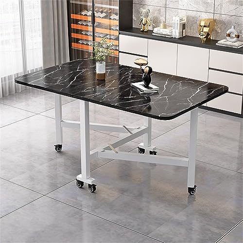 WANLIAN Folding Dining Table, Marble Rectangle Dining Table with 4 Wheel, Space Saving Movable Kitchen Table Extendable 40inch Dining Table for Small Spaces (White Rack,White Marble)