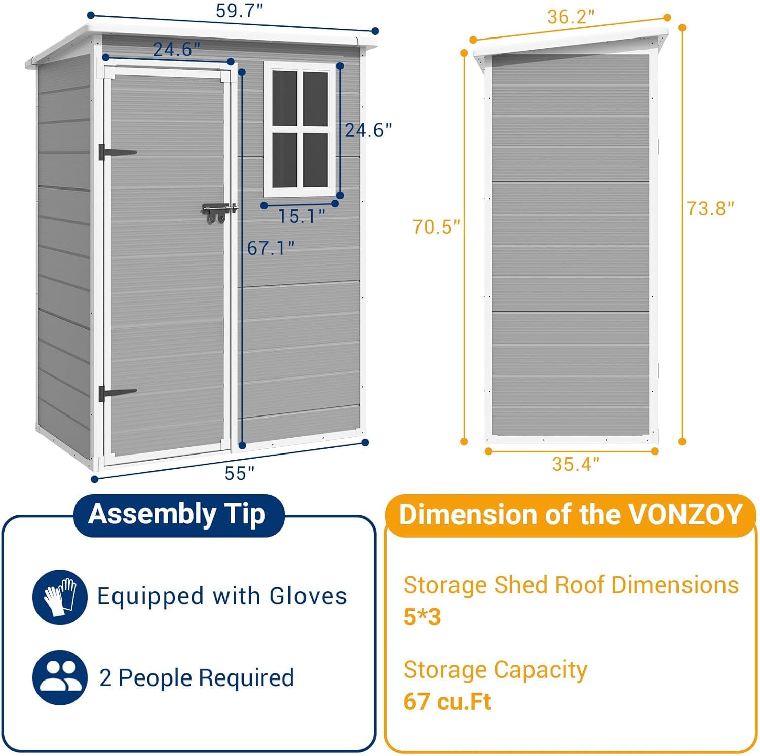 Outdoor Storage Shed, 5x3FT Resin Storage Sheds Outdoor with Floor, Lockable Door & Window, Waterproof Tool Sheds & Outdoor Storage for Bike, Garbage Cans,Garden Accessories, Grey & White
