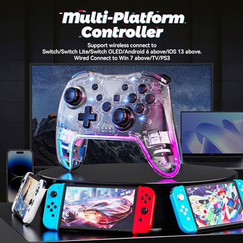 Twylyte Wireless Controller for Switch/Lite/OLED & PC/iOS/Android, RGB Backlight with 7 Colors, Adjustable Turbo & Vibration, One-Button Wake-Up, Ergonomic Design for Switch/PC/Mobile Gaming