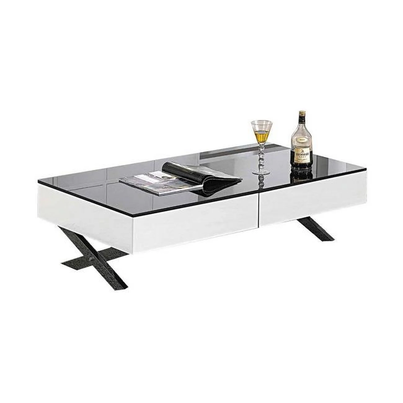 Benjara BM304691 51 in. Tika Black Glass Top Cross Legs White Wood 2 Drawer Coffee Table, Chrome
