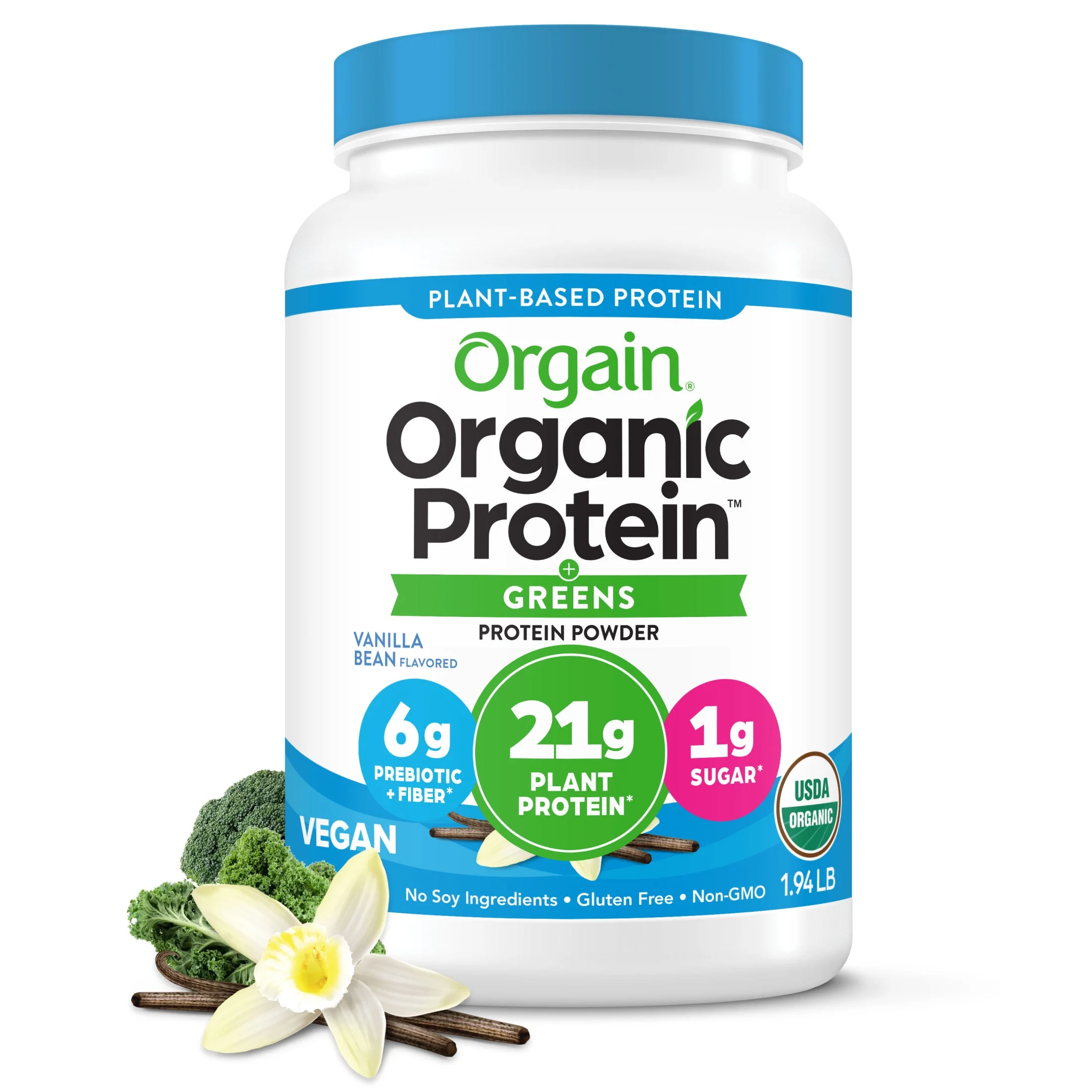 Orgain Organic Vegan 21g Protein & Greens Powder, Plant Based, Non-GMO, Vanilla 1.94lb