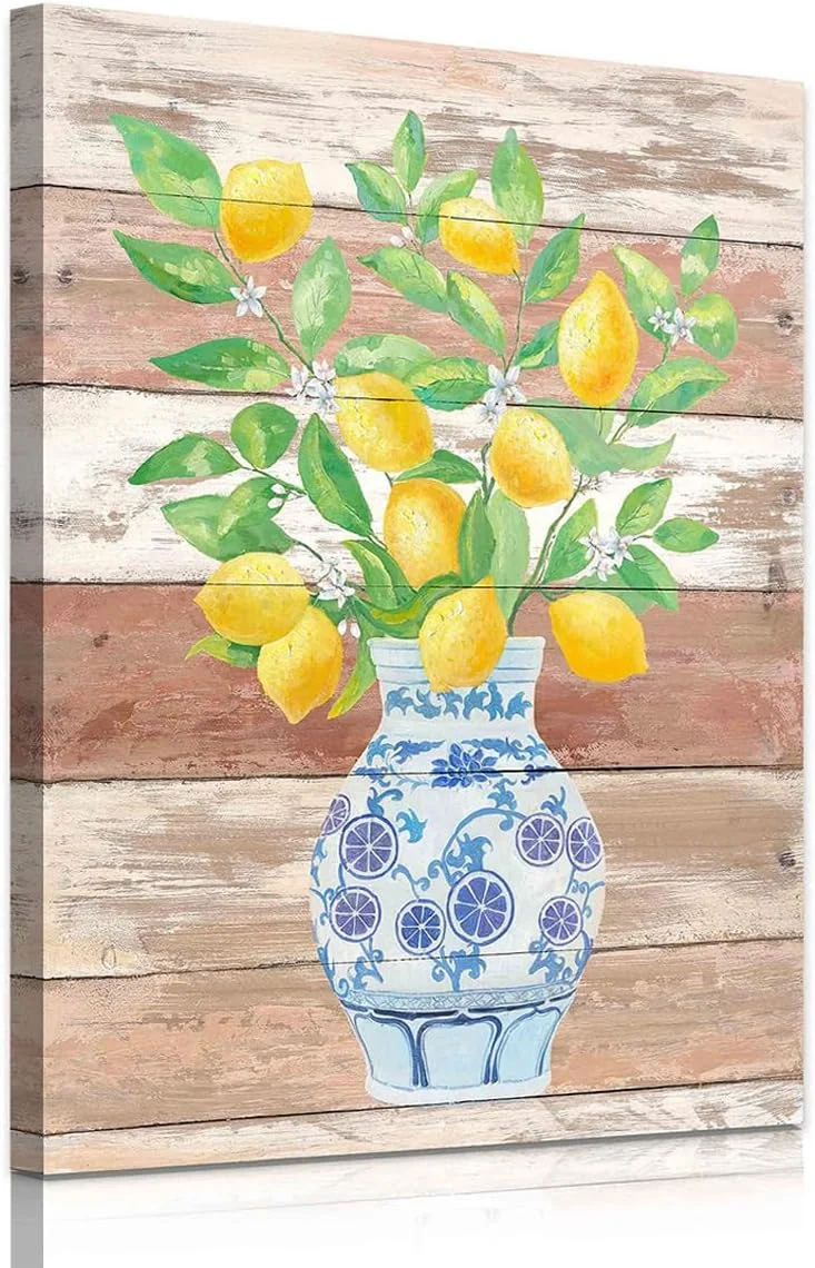 Lemon Wall Art Print Yellow Fruit White Flower and Green Leaves Branches in Blue And White Porcelain Floral Vase Poster Picture Farmhouse Decor Painting Unframed