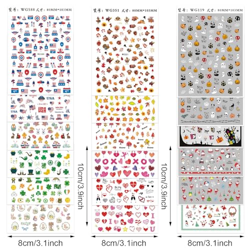 Whaline 18 Sheets Fall Nail Art Stickers Thanksgiving Maple Leaves Pumpkin Nail Stickers Christmas Snowflake Snowman Santa Claus Autumn Self-Adhesive Nail Decals for DIY Manicure Party Decor