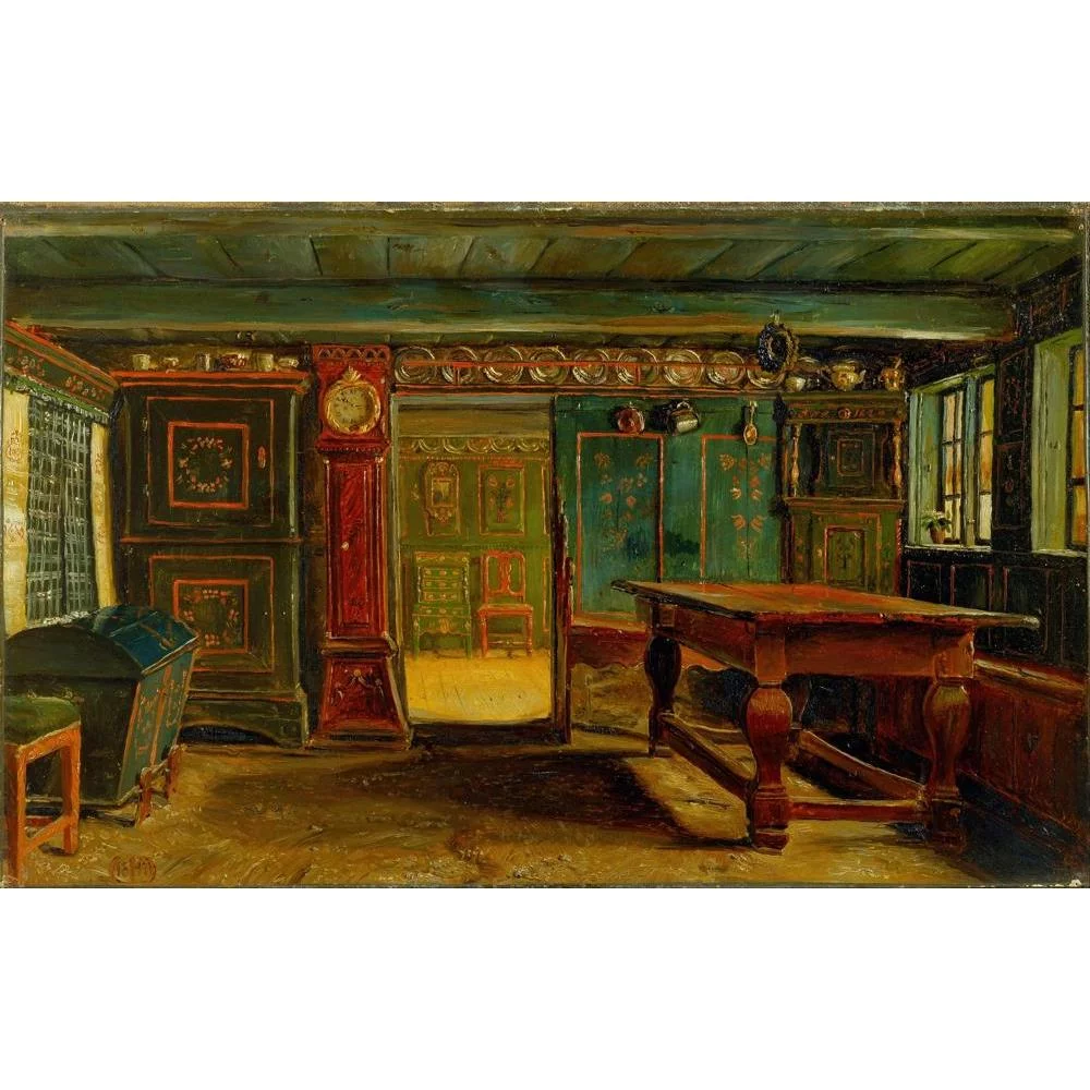 Christen Dalsgaard 24x17 Gold Ornate Framed and Double Matted Museum Art Print Titled - Farmhouse Room Near Store Heddinge (1847)