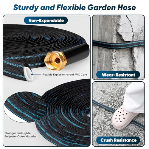 Garden Hose 50ft, Non-Expanding, Lightweight, Leak-Proof Metal interface, No-Knots, Portable, Wear-Resistant, Sturdy, Flexible, 3/4GHT, Water Hose for Yard, Garden