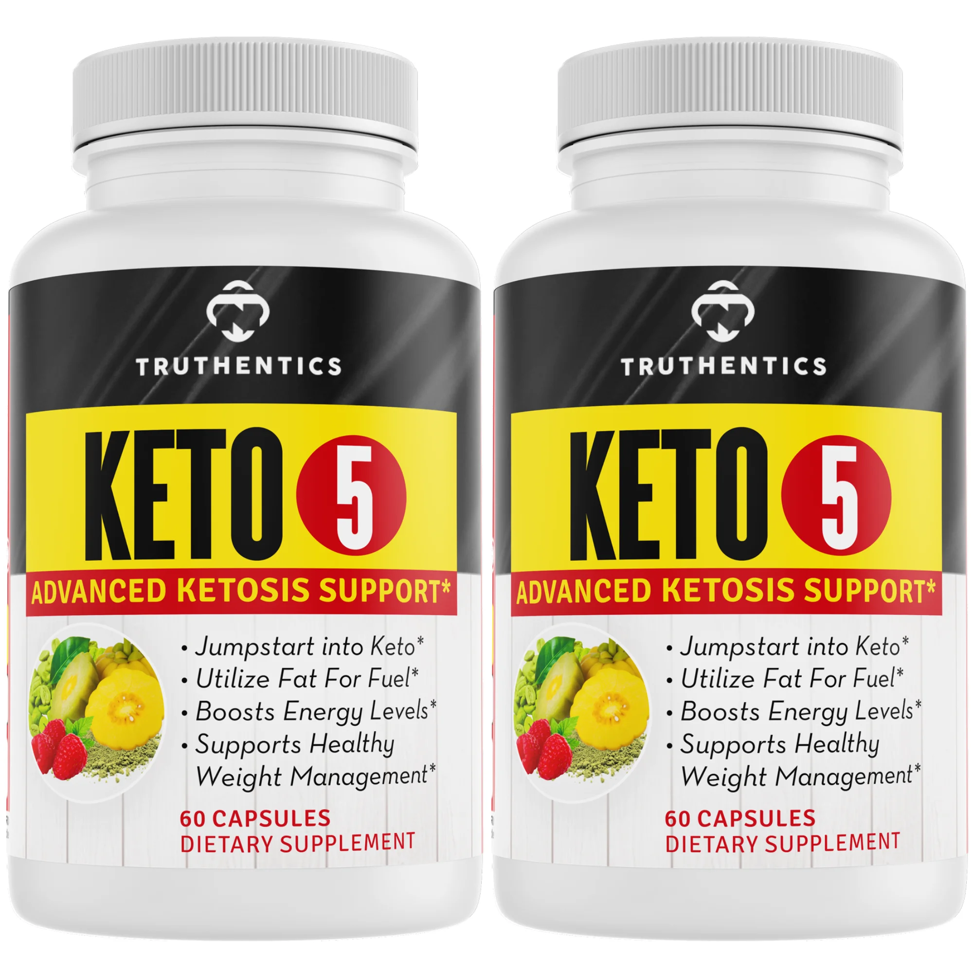 Truthentics KETO 5 - Keto Supplement for Weight Loss with Raspberry Ketone - Support Ketosis, Energy, Focus, Cravings - 2 Pack - 120 Capsules
