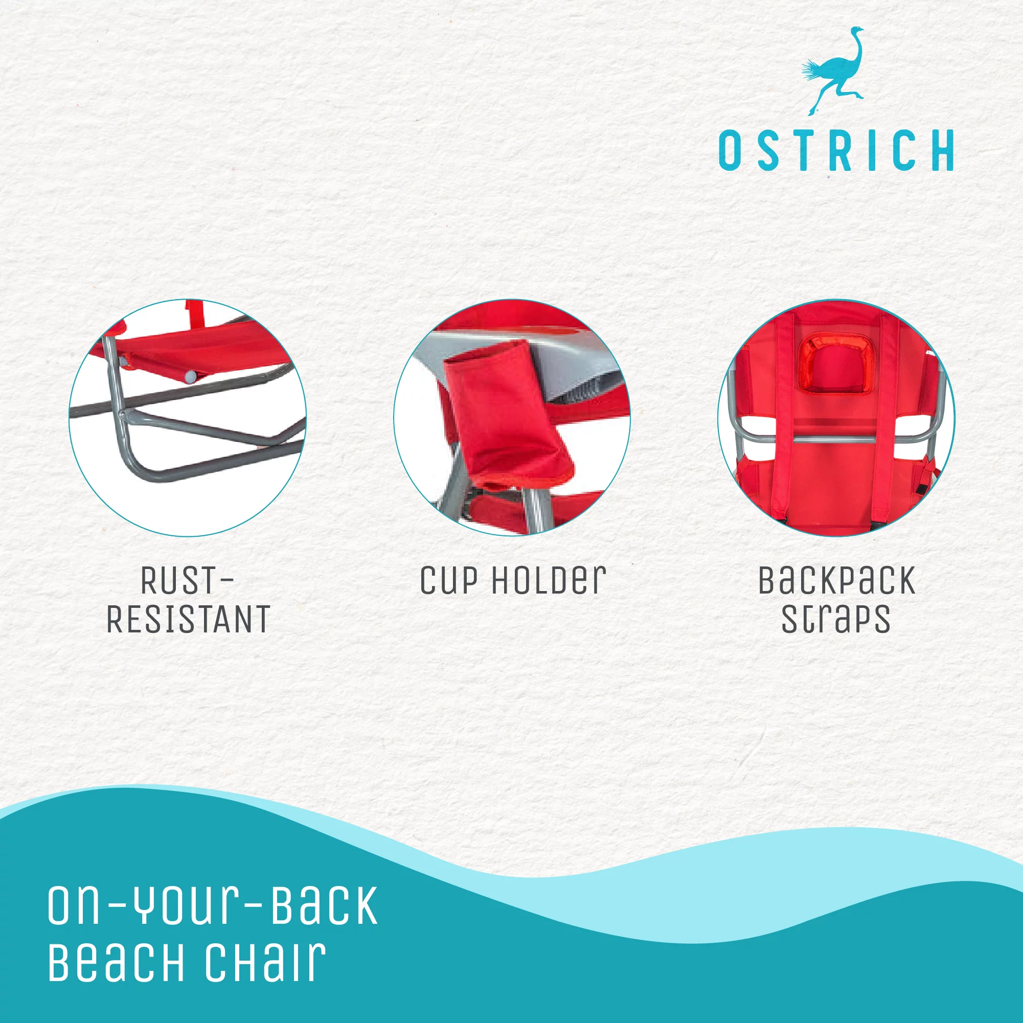 Ostrich On-Your-Back Outdoor Reclining Beach Pool Camping Chair, Red