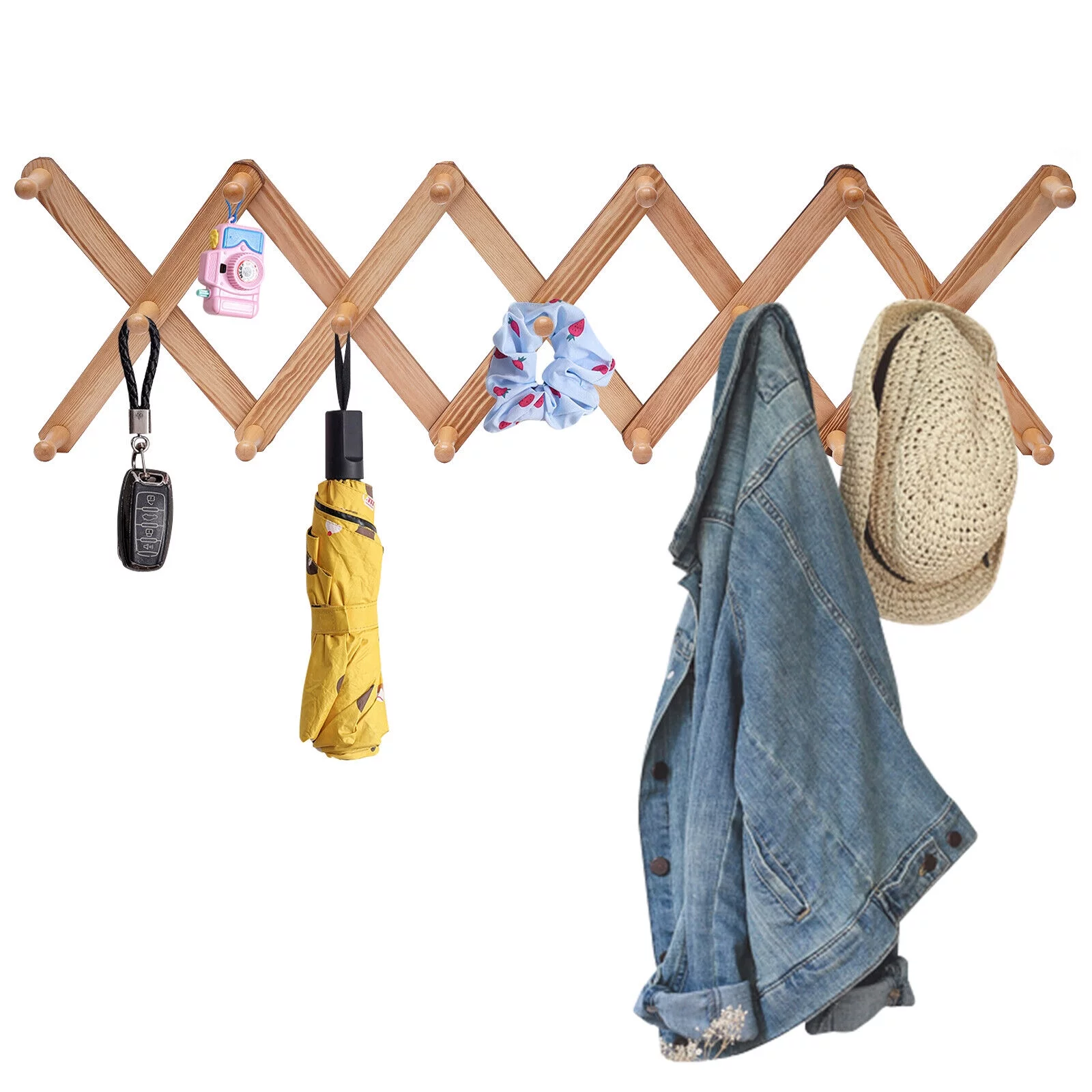 Expandable Coat Rack Accordian Wall Hanger 17 Hooks Wooden X Shape Hat Rack