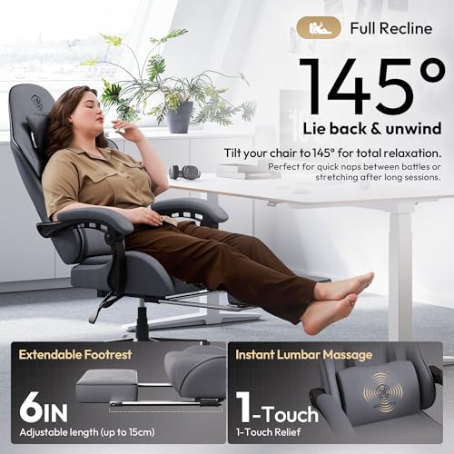 Dowinx Gaming Chair Fabric with Pocket Spring Cushion, Massage Game Chair Cloth with Headrest, Ergonomic Computer Chair with Footrest 290LBS, Black Green