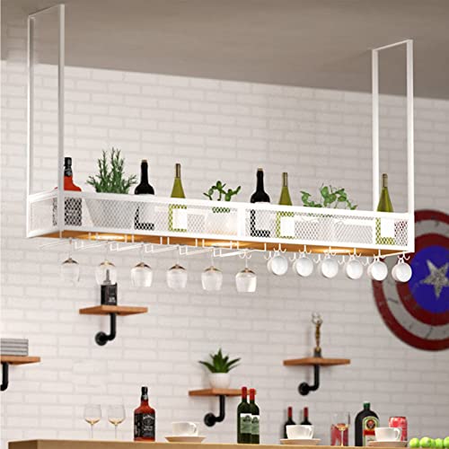Hanging Wine Rack - Ceiling Wine Bottle Rack, Upside Down Wine Glass Holder, 1-layer Wrought Iron Shelving, Modern Wooden Wall Shelf, Plant Stand In The Corner Of The Living Room, Can Bear 50KG Full