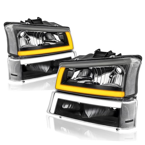 Headlights Assembly w/LED DRL compatible with 2003-2006 Chevy Silverado 1500 2500 3500, 03-06 Avalanche (No Cladding only), Headlamp w/Sequential Tun Signal