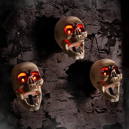 Halloween Animatronics Skull Stakes Pathway Markers, Hanging Animated Decorations, Floating Scary Skeleton with Sound Activated, Talking, Light Up Eyes, Haunted Horror Prop for Indoor, Outdoor (3Pack)