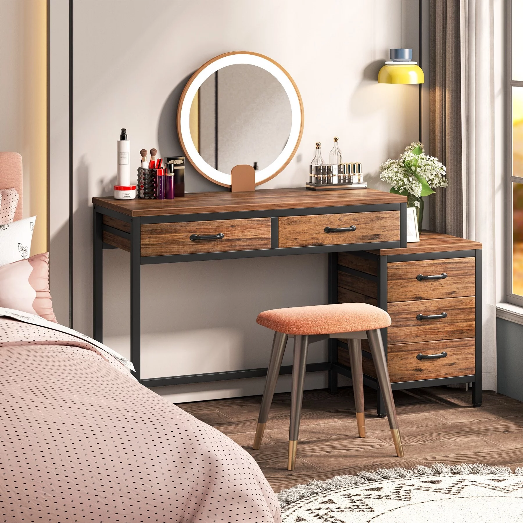 Reversible Computer Desk with 5 Drawers, Home Office Desk with File Cabinet Drawer Printer Stand Rustic Brownn