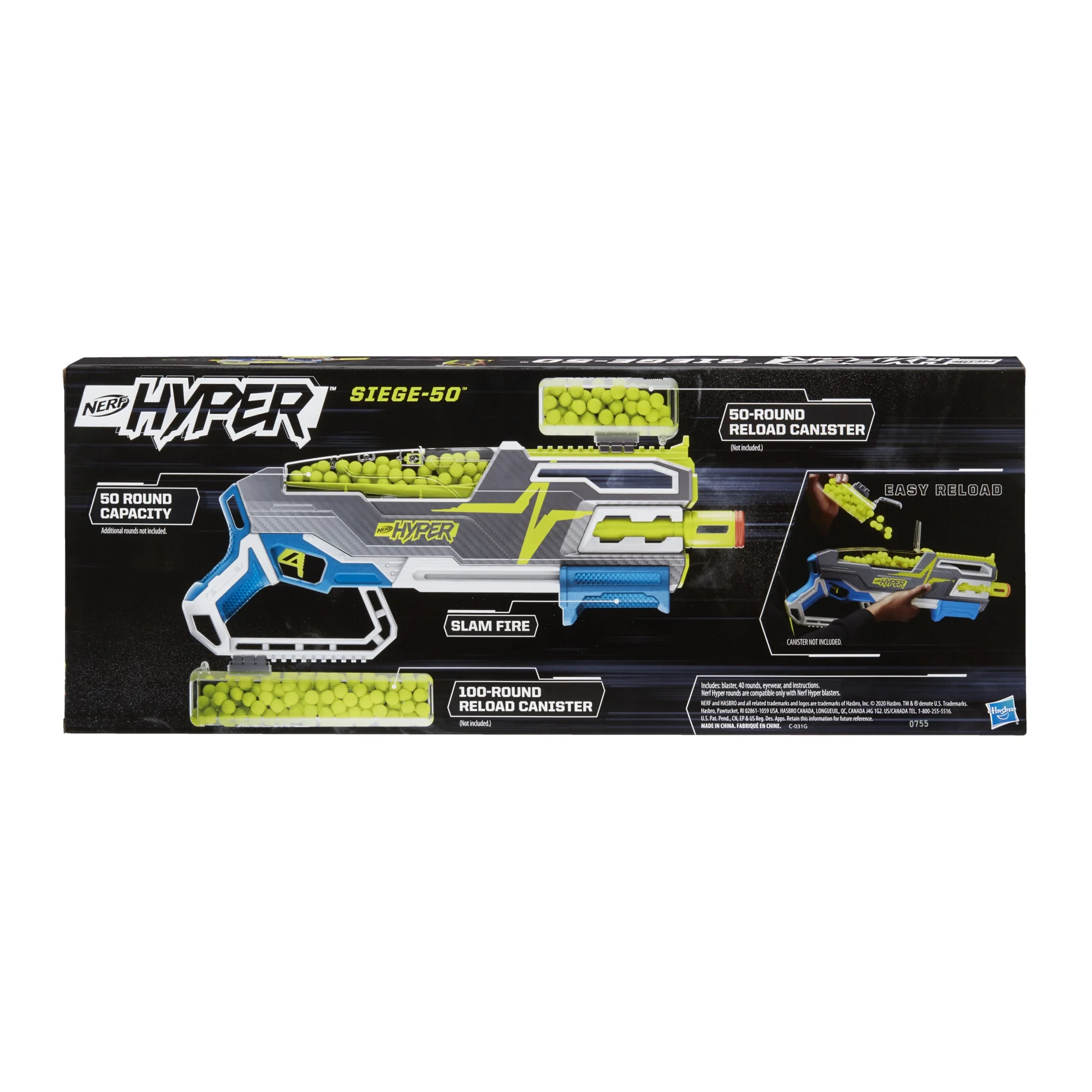 Nerf Hyper Siege-50 Pump-Action Blaster, 40 Nerf Hyper Rounds Included, Ages 14+