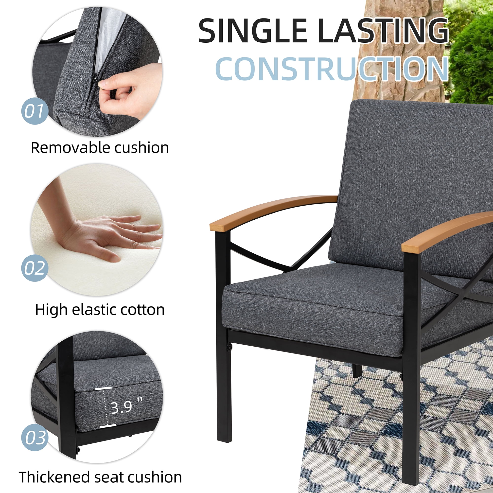 Walsunny 5 Piece Furniture Patio Conversation Sectional Set Outdoor Metal Solid Wood Armrest & Thick Cushion