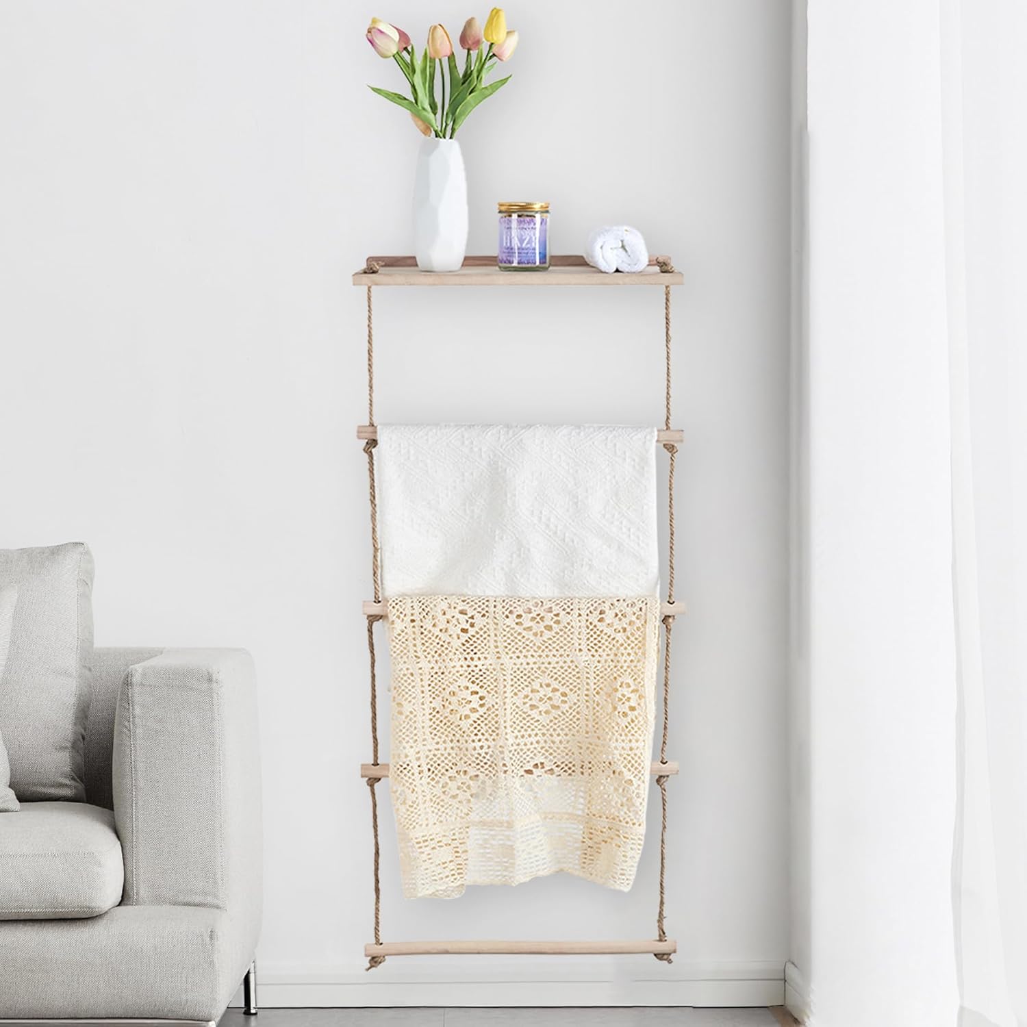 Blanket Ladder - Blanket Ladders for the Living Room, Wooden Blanket Ladder Farmhouse Decorative, Wall Rack Quilt Blanket Holder Ladder for Bedroom Easy to Assemble Ladder Shelves for Bathroom Bedroom