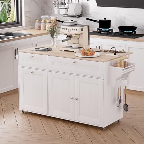 Kitchen Island on Wheels with Trash Can Storage, Rolling Kitchen Island with Drop Leaf and Power Outlet, Rolling Island Cart for Kitchen with Spice Rack & Towel Rack, Storages Cabinet, Drawers (White)