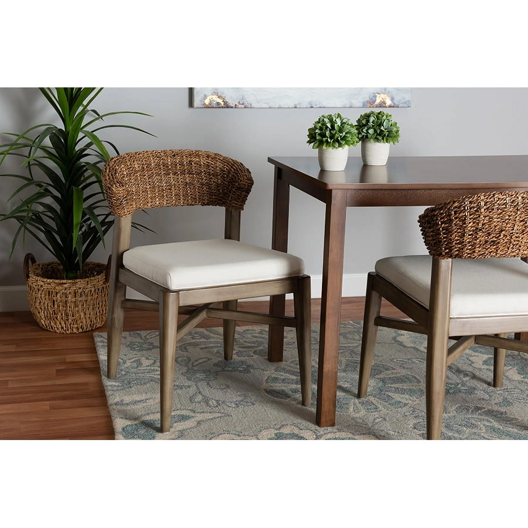 Baxton Studio Chloe Modern Bohemian Walnut Brown Finished Mahogany Wood and Natural Rattan Dining Chair