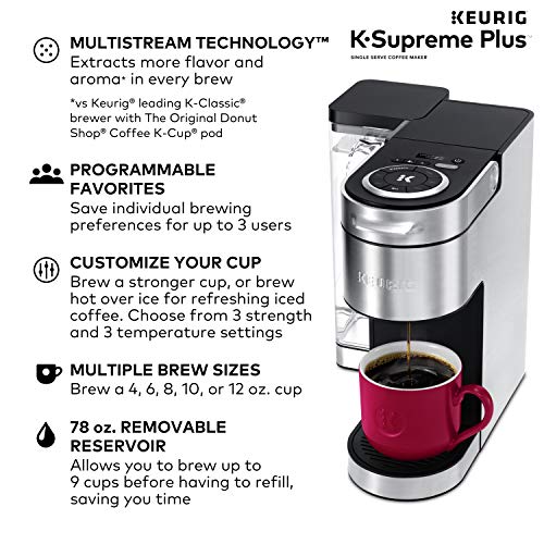 Keurig K-Supreme Plus Single Serve K-Cup Pod Coffee Maker, MultiStream Technology, Customizable Strength and Temperature Settings, Programmable, 78oz Removable Reservoir, Stainless Steel