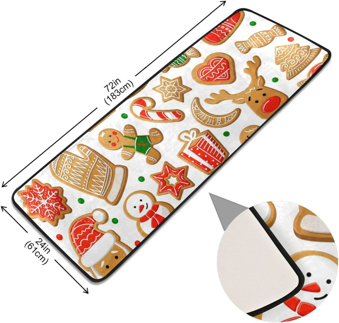 SKYSONIC 2X6 Feet Gingerbread Cookie Christmas Runner Rug with Rubber Backing, Candy Deer House Moon Non Slip Entryway Rug Runner Washable Soft Area Rug Carpet for Hallway Bedroom Kitchen Decor