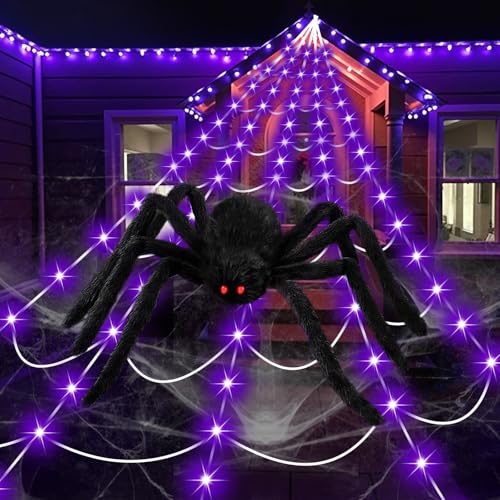 Halloween Decorations Spider Web Lights, 250 LED 16.4Ft Light Up Spider Web with 59 Inch Giant Spider, Scary Lighted Outdoor Halloween Decoration for Yard Lawn Haunted House Indoor Outdoor Decor