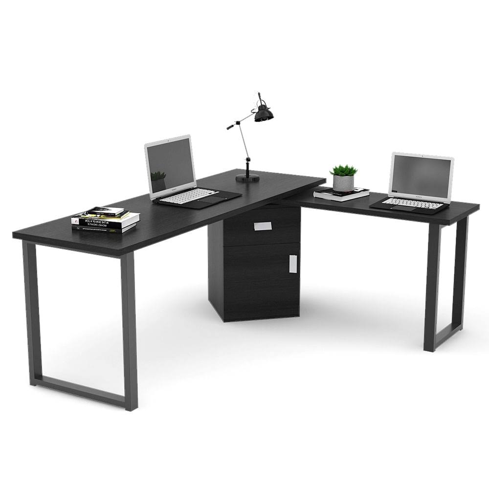 Rotating L-Shaped Computer Writing Desk with File Cabinet - Black