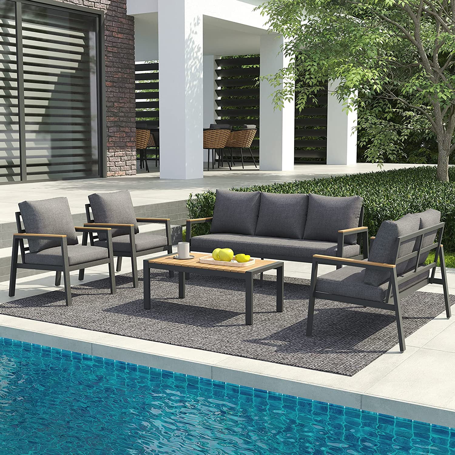 Perfect Aluminum Patio Furniture Set  5 Pieces Outdoor Conversation Set with Teak Wood Top Coffee Table  Sectional Sofa Set with Wood Armrest and Cushions for Outside Poolside  Lawn  Back