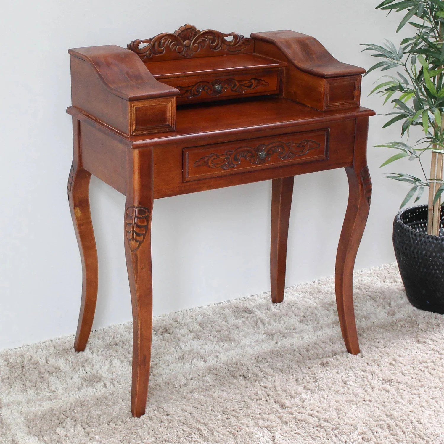 International Caravan Inc 3840 Carved Wood Two Drawer Telephone Table - Brown