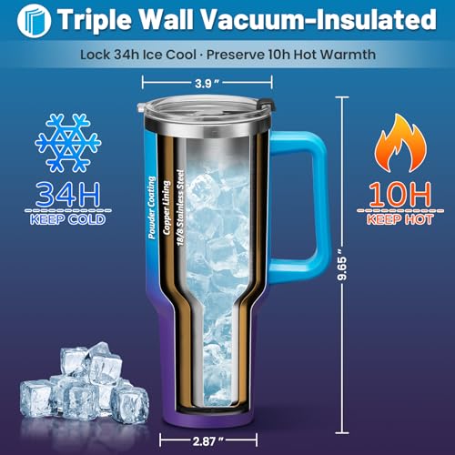 40 oz Tumbler with Handle and Straw Spout Lid - 100% Leak-proof Travel Coffee Cup, BPA Free Metal Mug, Vacuum Insulated Water Bottle- (Cold-34H & Hot-10H), Straw Cover, Silicone Boot