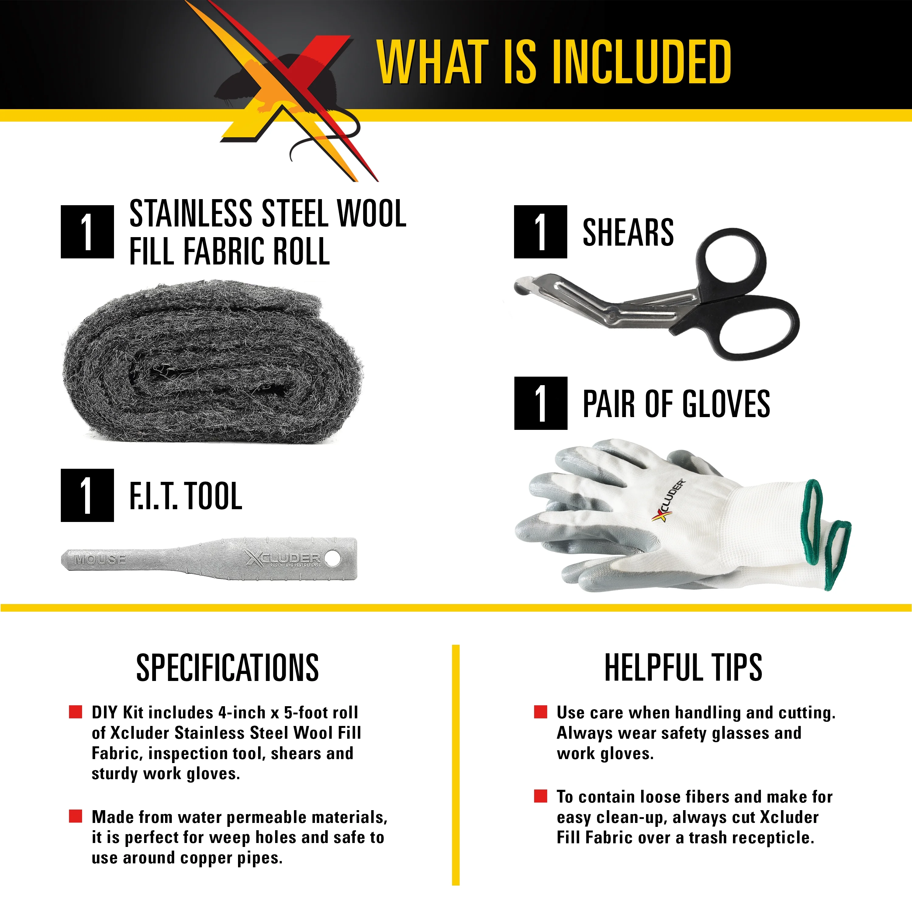 Xcluder Stainless Steel Wool Fill Fabric, DIY Kit with Inspection Tool