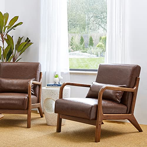 Glitzhome 2 Set Mid Century Black Accent Armchair, Single Reading Armchair PU Leather Lounge Chair with Walnut Ruberwood Frame